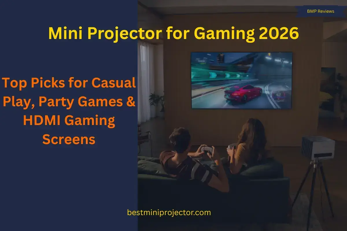 A compact gaming mini projector setup for casual play, party games, HDMI input, and dim-room screens.