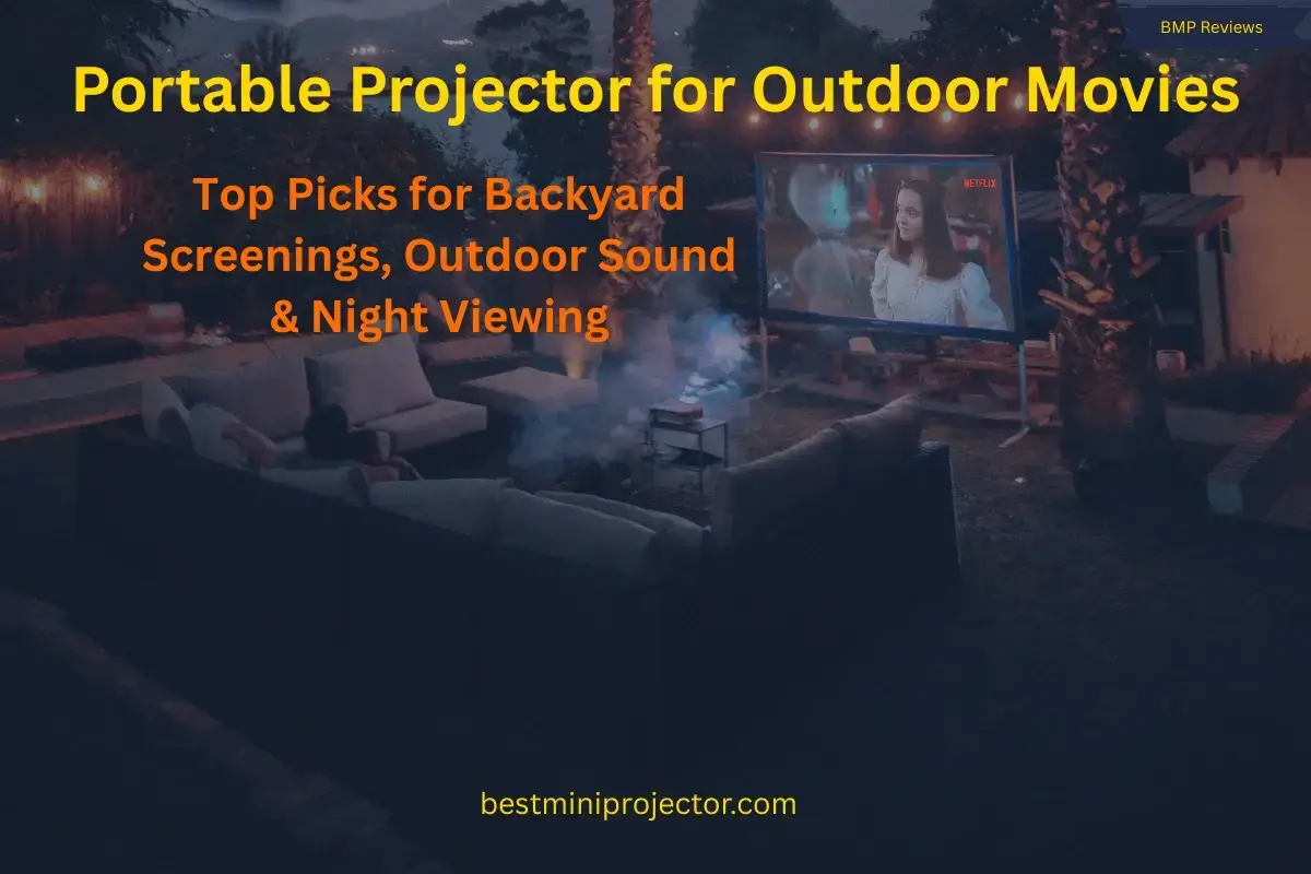 A portable projector setup for backyard movies, outdoor screens, stronger sound, and night-time viewing.
